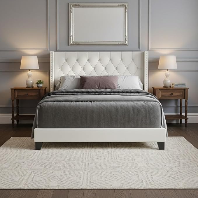 HOME DESIGN Homer Full Tufted Wingback Upholstered Panel Bed with 2 Matching 1 Drawer Nightstands, Bedroom Furniture Set with Open Shelf Storage, Light Beige Brown