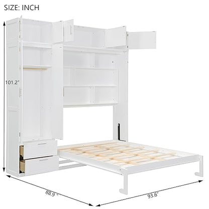 Murphy Bed Queen Size,Murphy Bed with Top Cabinet and Shelves,Space-Saving Multifunctional Hideaway Wall Foldable Bed w/Slat Support,Bedroom Folding Bedframe for Guest Room,White