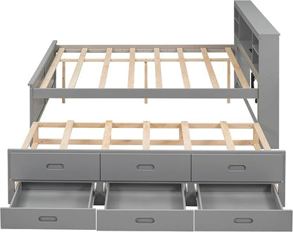 Merax Full Size Platform Bed with Storage Headboard, USB, Wood Bedframe with Twin Size Trundle and 3 Drawers, Grey