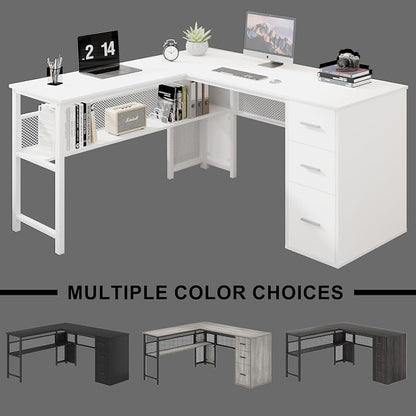 LVB Reversible L Shaped Desk with Drawers, White Computer Desk with Storage | 59" Adjustable Modern Executive Office Desks, Adjustable Corner Design for Gaming Spaces and Home Workstations