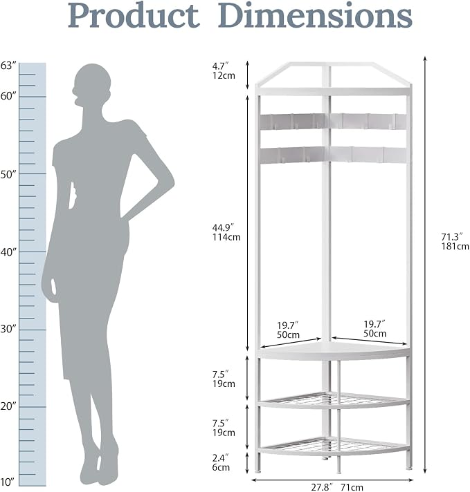 GiftGo Corner Hall Tree with Shoe Bench Entryway Coat Rack with 10 Metal Movable Hooks Freestanding Clothes Rack Shoes Shelf Organizer for Home Office Bedroom (White)