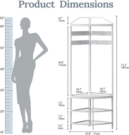 GiftGo Corner Hall Tree with Shoe Bench Entryway Coat Rack with 10 Metal Movable Hooks Freestanding Clothes Rack Shoes Shelf Organizer for Home Office Bedroom (White)