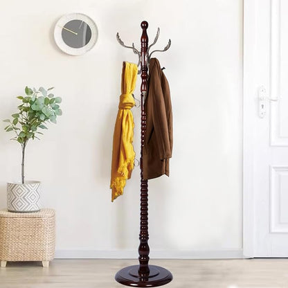 Wooden Coat Rack Freestanding, Hall Tree Hanger With Resin Hooks, Adjustable Heavy Duty Coat Rack for Hanging Clothes Bags Hats in Living Room Bedroom (coat rack, Round Base-Metal hook)