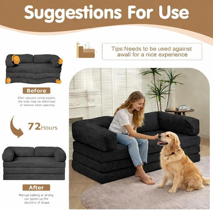 Convertible Sofa Bed King,5-in-1 Folding Boneless Couch Corduroy Futon Sofa Bed,Tri-Fold Mattress with Removable Armrests & Handle,Sleeper with Pull Out Bed for Small Space Living Room Bedroom