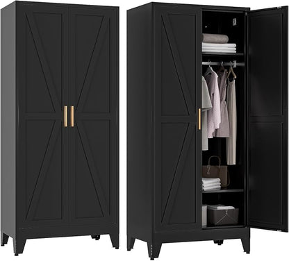 COFaR Metal Wardrobe Cabinet, 71" Farmhouse Storage Cabinet with Hanging Rod, 2 Barn Door, 2 Adjustable Shelves and Legs, for Bedroom, Laundry Room, Cloak Room, Gym, Office, School (Black)