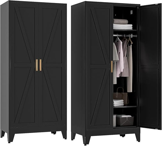 COFaR Metal Wardrobe Cabinet, 71" Farmhouse Storage Cabinet with Hanging Rod, 2 Barn Door, 2 Adjustable Shelves and Legs, for Bedroom, Laundry Room, Cloak Room, Gym, Office, School (Black)