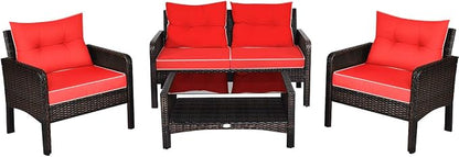 Tangkula 4 Piece Patio Furniture Set, Outdoor Wicker Conversation Set with Glass Top Coffee Table, All Weather Proof and Thick Cushions, Suitable for Porch, Garden, Poolside and Lawn (Red)