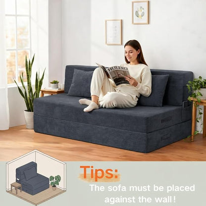 Folding Sofa Bed, 4 in 1 Convertible Sleeper Chair with Pillow, Queen Memory Foam Fold Out Chair Bed, Modern Floor Futon Sofa Couch Mattress for Living Room/Guest/Apartment, Dark Grey