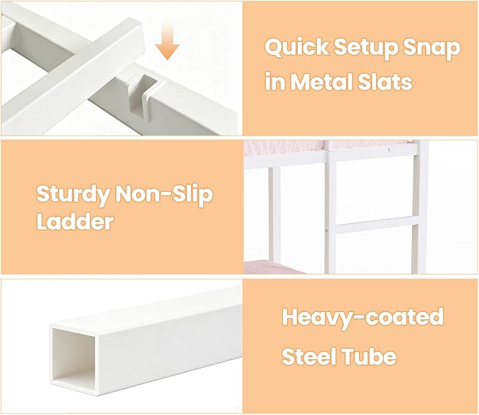 Twin Over Twin Bunk Bed with Slide 40° Gentle-Slope & LED Light, House-Shaped Low Bunk Bed Twin Size with 13.4" Extra-Tall Guardrail & Ladder, Heavy Duty, No Box Spring Needed, Easy Assembly, White