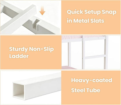 Twin Over Twin Bunk Bed with Slide 40° Gentle-Slope & LED Light, House-Shaped Low Bunk Bed Twin Size with 13.4" Extra-Tall Guardrail & Ladder, Heavy Duty, No Box Spring Needed, Easy Assembly, White