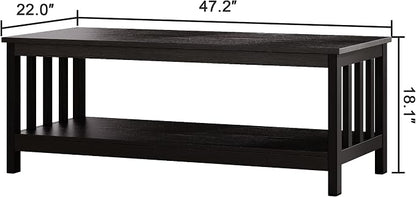 ChooChoo Mission Coffee Table, Black Wood Living Room Table with Shelf, 47 inch