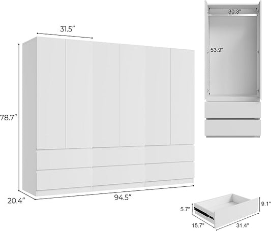 Armoire Wardrobe Closet with 6 Doors, Wooden Wardrobe Cabinet with 6 Drawers, Hanging Rod & Shelves, Freestanding Closets for Bedroom (White, 3)