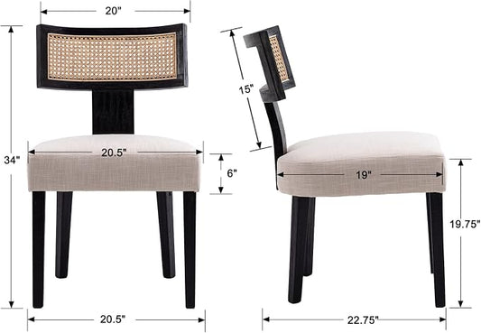 RIVOVA Rattan Dining Chairs Set of 2, Modern Dining Chairs Kitchen Dining Room Chair, Curved Cane Back Upholstered Linen Fabric Dining Chair with Black Wood Frame, Beige