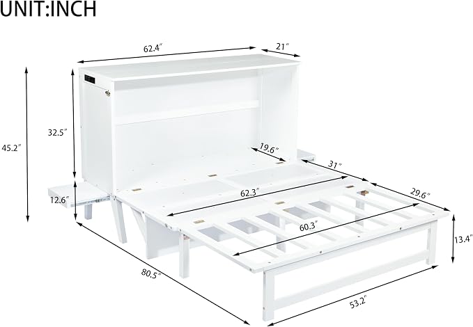 PVWIIK Queen Size Murphy Bed with Desk and Removable Shelves on Each Side,Solid Pine Cabinet Bedframe for Home Office, Guest Room,Multifunctional Bed,White