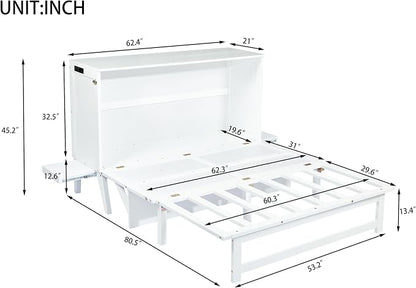 PVWIIK Queen Size Murphy Bed with Desk and Removable Shelves on Each Side,Solid Pine Cabinet Bedframe for Home Office, Guest Room,Multifunctional Bed,White
