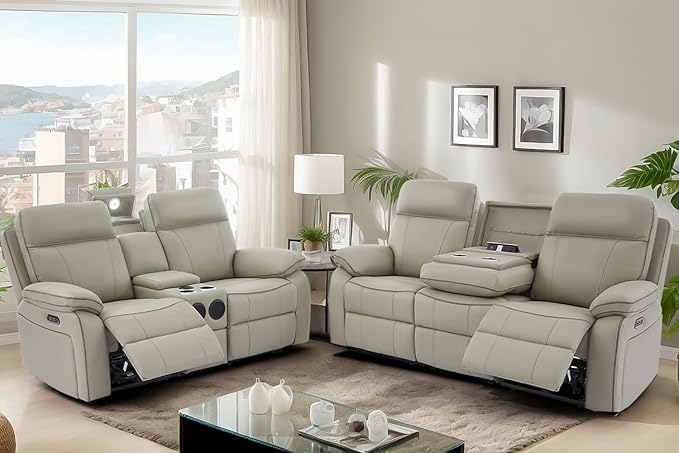 Power Reclining Sofa Set with LED Reading Light/Storage Drawer, Power Loveseat Recliner Sofa, Reclining Loveseat with Bluetooth Speakers/Outlets/Breathing Leather (Grey, Sofa+Loveseat)