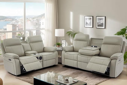 Power Reclining Sofa Set with LED Reading Light/Storage Drawer, Power Loveseat Recliner Sofa, Reclining Loveseat with Bluetooth Speakers/Outlets/Breathing Leather (Grey, Sofa+Loveseat)