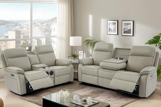 Power Reclining Sofa Set with LED Reading Light/Storage Drawer, Power Loveseat Recliner Sofa, Reclining Loveseat with Bluetooth Speakers/Outlets/Breathing Leather (Grey, Sofa+Loveseat)