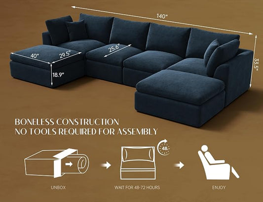 ohllob 140" U Shaped Couch, Cloud Sectional Couches for Living Room, Boneless Couch with Ottoman, Oversized 4 Seater Modular Sectional Sofa, Dark Blue