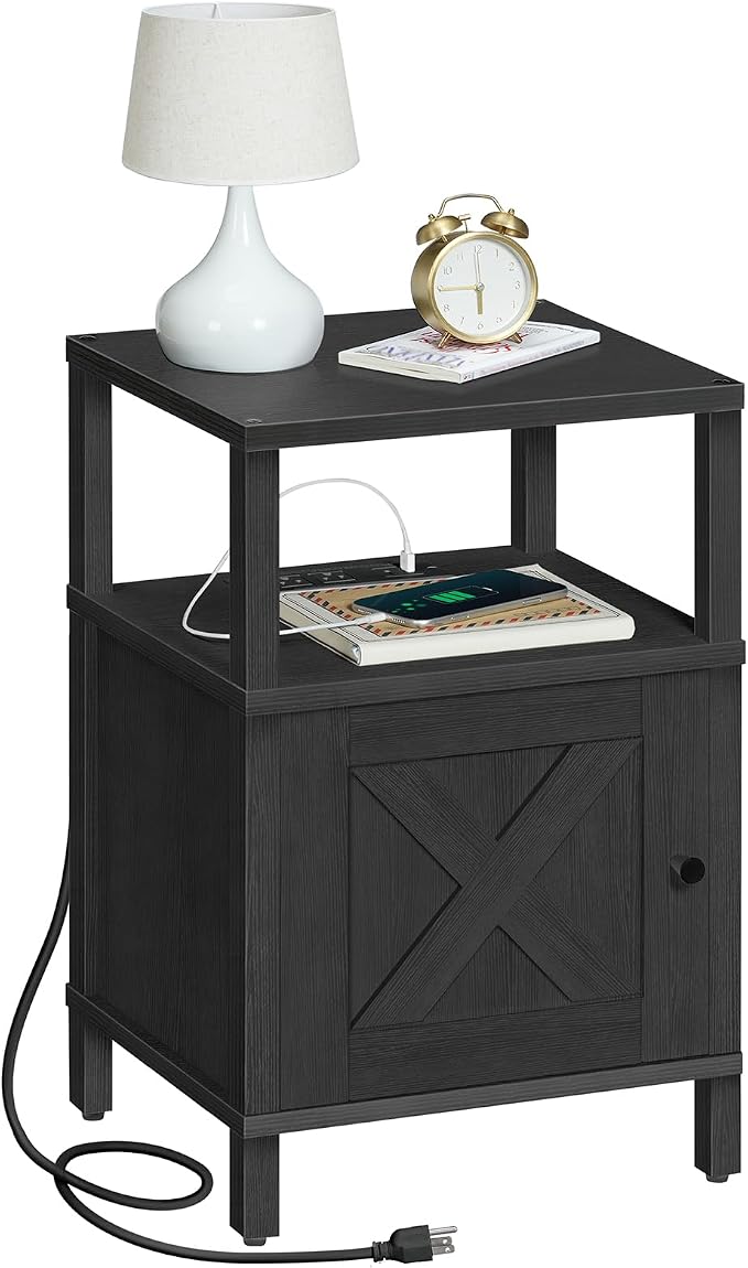MAHANCRIS Farmhouse Nightstand with Charging Station, Black Bedside Table with USB & Type-C Ports, End Table with Storage and Open Shelf, Modern Side Table for Bedroom, ETBK96E01
