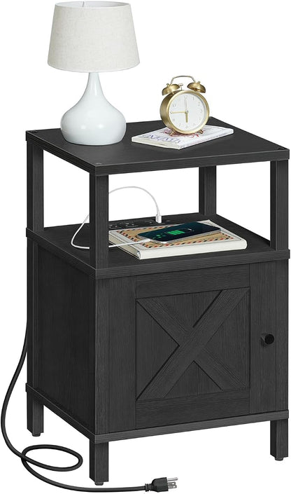 MAHANCRIS Farmhouse Nightstand with Charging Station, Black Bedside Table with USB & Type-C Ports, End Table with Storage and Open Shelf, Modern Side Table for Bedroom, ETBK96E01