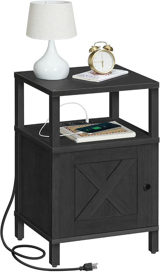 MAHANCRIS Farmhouse Nightstand with Charging Station, Black Bedside Table with USB & Type-C Ports, End Table with Storage and Open Shelf, Modern Side Table for Bedroom, ETBK96E01
