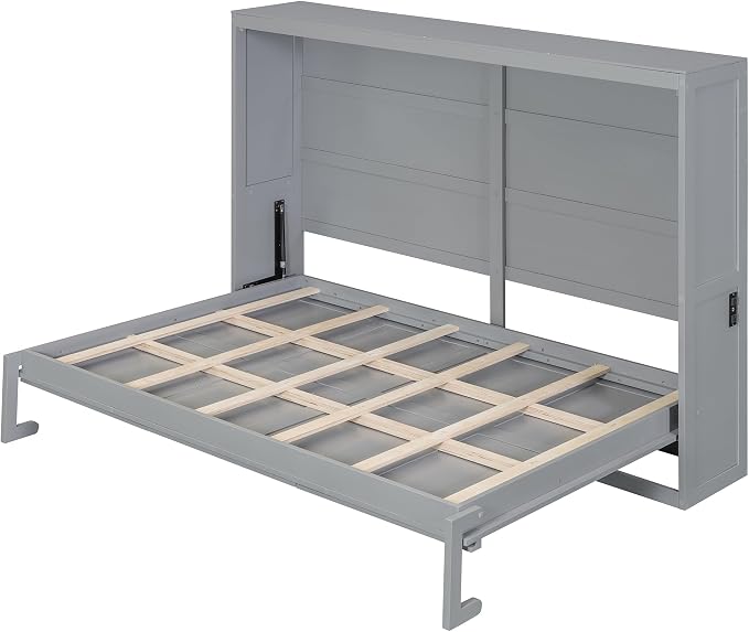 Ball & Cast Murphy Bed Full Size,Wall Beds with Charging Station and Storage Top,Slat Support,Wood Hideaway Cabinet Bedframe w/Leg,can be Folded,Space-Saving,for Small Room,Dorms,Gray