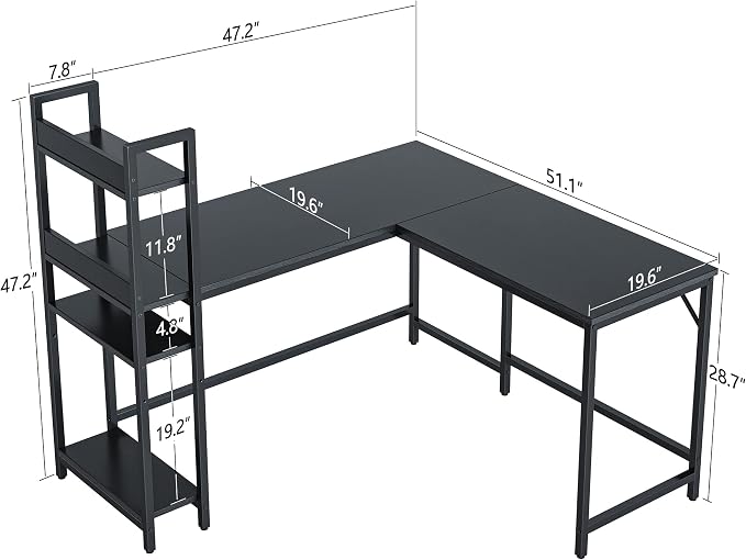 CubiCubi L Shaped Desk, 51.1 Inch Computer Corner Desk with Hutch, Storage Shelves, Writing Gaming Study Desk with Bookshelf, Black