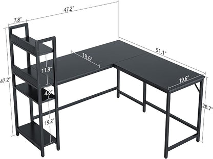 CubiCubi L Shaped Desk, 51.1 Inch Computer Corner Desk with Hutch, Storage Shelves, Writing Gaming Study Desk with Bookshelf, Black