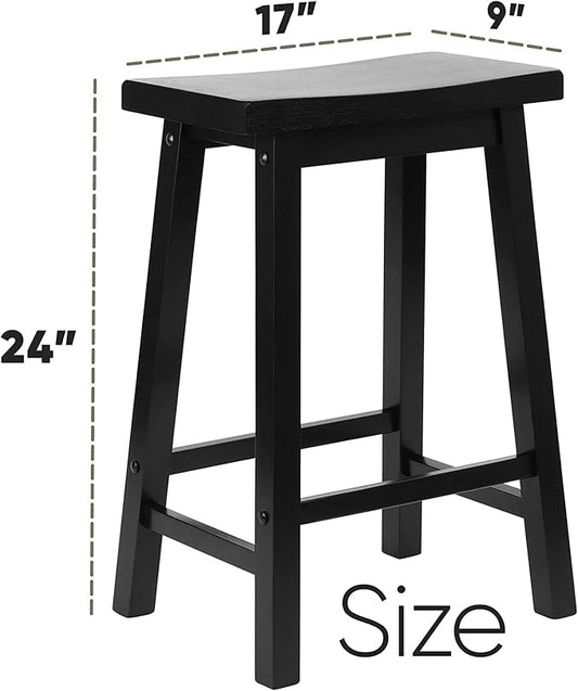 PJ Wood Classic Saddle-Seat 24'' Tall Kitchen Counter Stool for Homes, Dining Spaces, and Bars with Backless Seat, 4 Square Legs, Black (4 Pack)