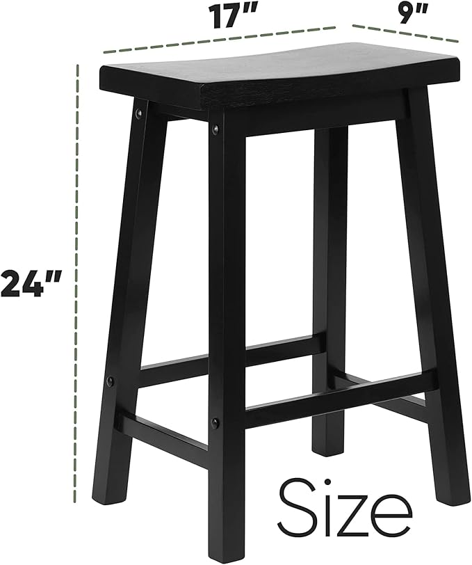 PJ Wood Classic Saddle-Seat 24'' Tall Kitchen Counter Stool for Homes, Dining Spaces, and Bars with Backless Seat, 4 Square Legs, Black (5 Pack)