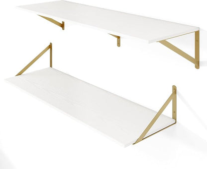 Heimlove Deep Floating Shelves for Wall, 36W x 12D Wood Wall Shelves Set of 2, Wide Floating Bookshelf for Living Room, Kitchen, Office, Bedroom and Decor Storage, with Golden Bracket - White & Gold