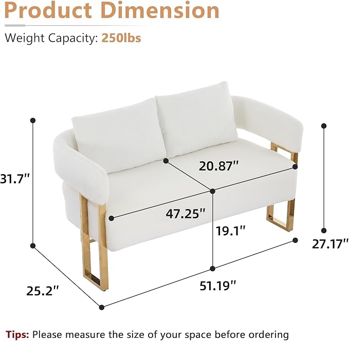 YISHENG Loveseat Sofa Modern Accent Chairs for Living Room with Golden Metal Legs Soft Teddy Upholstered Reading Armchairs no Wheels for Reception Room//Bedroom/Lounge/Office, White