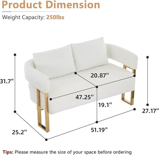 YISHENG Loveseat Sofa Modern Accent Chairs for Living Room with Golden Metal Legs Soft Teddy Upholstered Reading Armchairs no Wheels for Reception Room//Bedroom/Lounge/Office, White