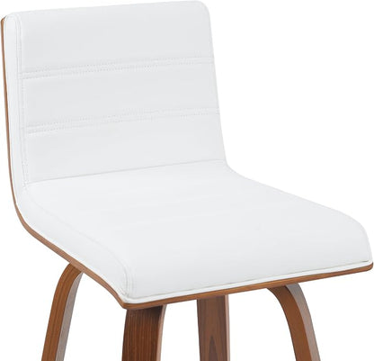 Vienna Modern Swivel Bar Height Stool with Snow White Faux Leather Seat and Walnut Finished Wood Frame Set of 3