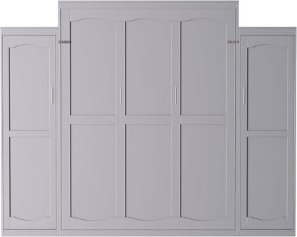 Merax Queen Size Wood Murphy Bed, with 2 Wardrobe and Storage Shelf, Multifunctional Foldable Wall Platform Bedframe for Guest-Room, Bedroom, Gray