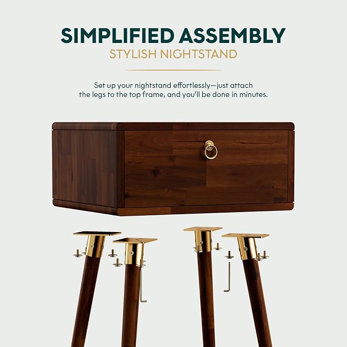 Bme Alden Solid Wood Nightstand/Side Table/End Table, Fully Assembled, with 1-Drawer for Mid Century Bedroom and Living Room, (12mm), Dark Chocolate