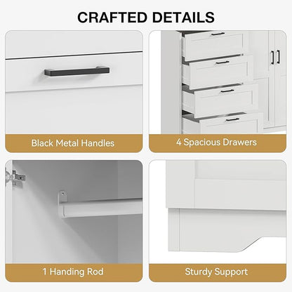 GarveeHome Multifunctional Wooden Dresser for Bedroom, 43.3 in H 2 Door Wardrobe Armoire Closet with 4 Drawers and Hanging Rod, Low Storage Cabinet for Hanging Cloth, White