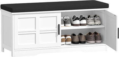 Akxomel Shoe Bench with Storage, 39.4" Entryway Bench with Padded Cushion, 2-Tier Shoe Cabinet Bench with Adjustable Shelves and 2 Cross Molding Doors, for Hallway, Living Room, Bedroom, White