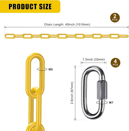 2Pcs 40" Heavy Duty Hanging Chains with Carabiners 1000 LBs Capacity Swing Chain Extension with Hooks Hammock Chains Yellow Coated Chain for Hanging Chair, Punching Bags, Swing Chair, Egg Chairs