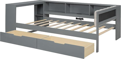 Ball & Cast Twin Size Wood L-Shaped Daybed with Storage Shelves and Built-in Desk,Platform Bed w/Under-Bed Drawers & Charging Station,Upholstered Headboard,No Box Spring Needed,for Student Dorms,Gray