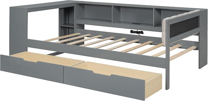Bellemave Twin Corner Bed Frame with Storage Shelves and Desk, Wood Twin Size Daybed with Bookcase and Drawers and Upholstered Headboard, Gray