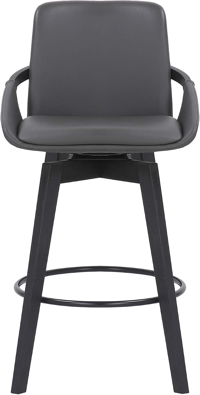 Armen Living Baylor Mid Century Modern Swivel Bar Stool for Kitchen Island Counter in Gray Faux Leather and Black Wood, 26" Seat Height