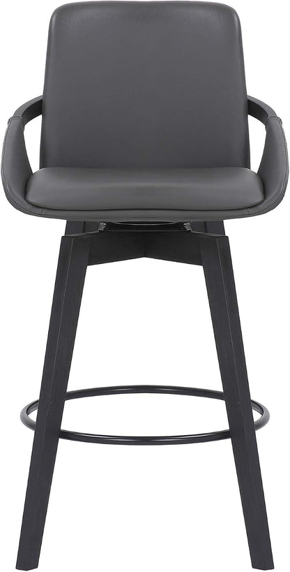Armen Living Baylor Mid Century Modern Swivel Bar Stool for Kitchen Island Counter in Gray Faux Leather and Black Wood, 26" Seat Height