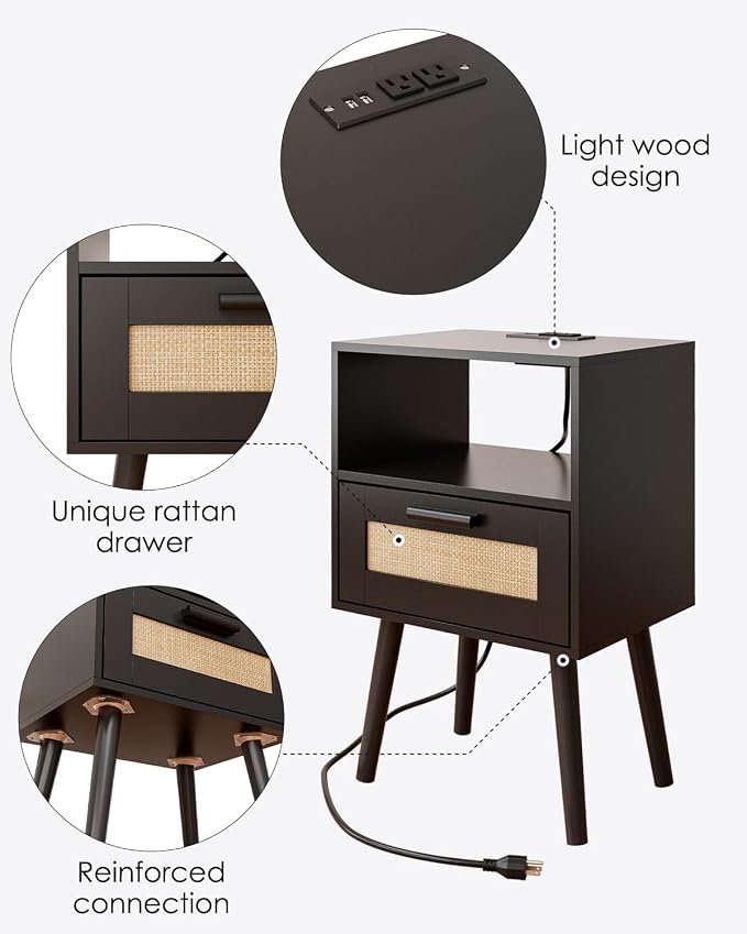 Aienvey Bedroom Nightstands Wooden Night Stands with Rattan Weaving Drawer Home Bedside End Table for Bedroom Storage (Modern-Black)