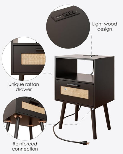 Aienvey Bedroom Nightstands Wooden Night Stands with Rattan Weaving Drawer Home Bedside End Table for Bedroom Storage (Modern-Black)