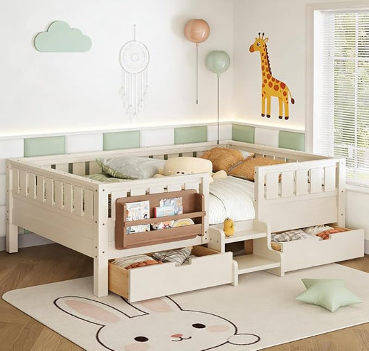 Bellemave Queen Size Kids Bed with high Rails and with Built-in Bookshelf and Drawers for Kids, Girls, Boys, Wood Montessori Bed Without Door, Beige