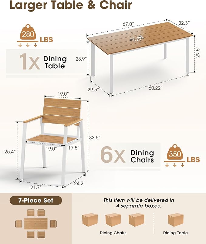 Outdoor Dining Set for 6, Aluminum Patio HDPS Outdooor Table and Chairs Set with Umbrella Hole, All Weather Patio Furniture Set, 7 Peice Patio Dining Table Set (White & Teak)
