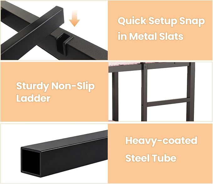 Twin Over Twin Bunk Bed with Slide 40° Gentle-Slope & LED Light, House-Shaped Low Bunk Bed Twin Size with 13.4" Extra-Tall Guardrail & Ladder, Heavy Duty, No Box Spring Needed, Easy Assembly, Black
