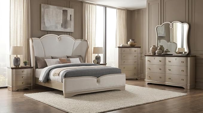 First of a Kind Rose Soft Champagne Finish Traditional 5 Piece Queen Bedroom Set with Upholstered Tufted Headboard Ornate European Style Coordinated Furniture Collection